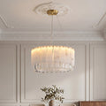 Brass Chandelier, Solid Brass and Alabaster Drum Ceiling Light for Dining Room, Warm 3000K