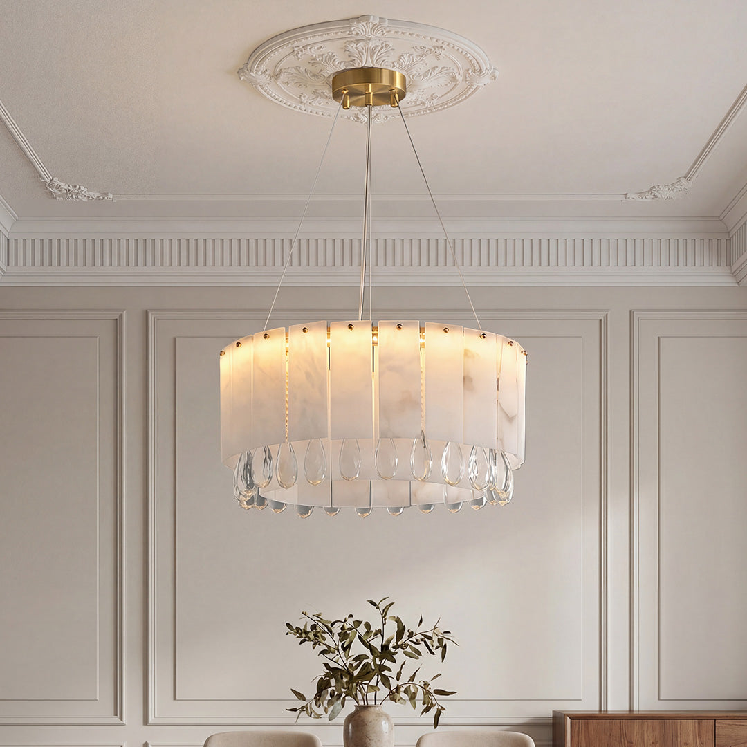 Brass Chandelier, Solid Brass and Alabaster Drum Ceiling Light for Dining Room, Warm 3000K