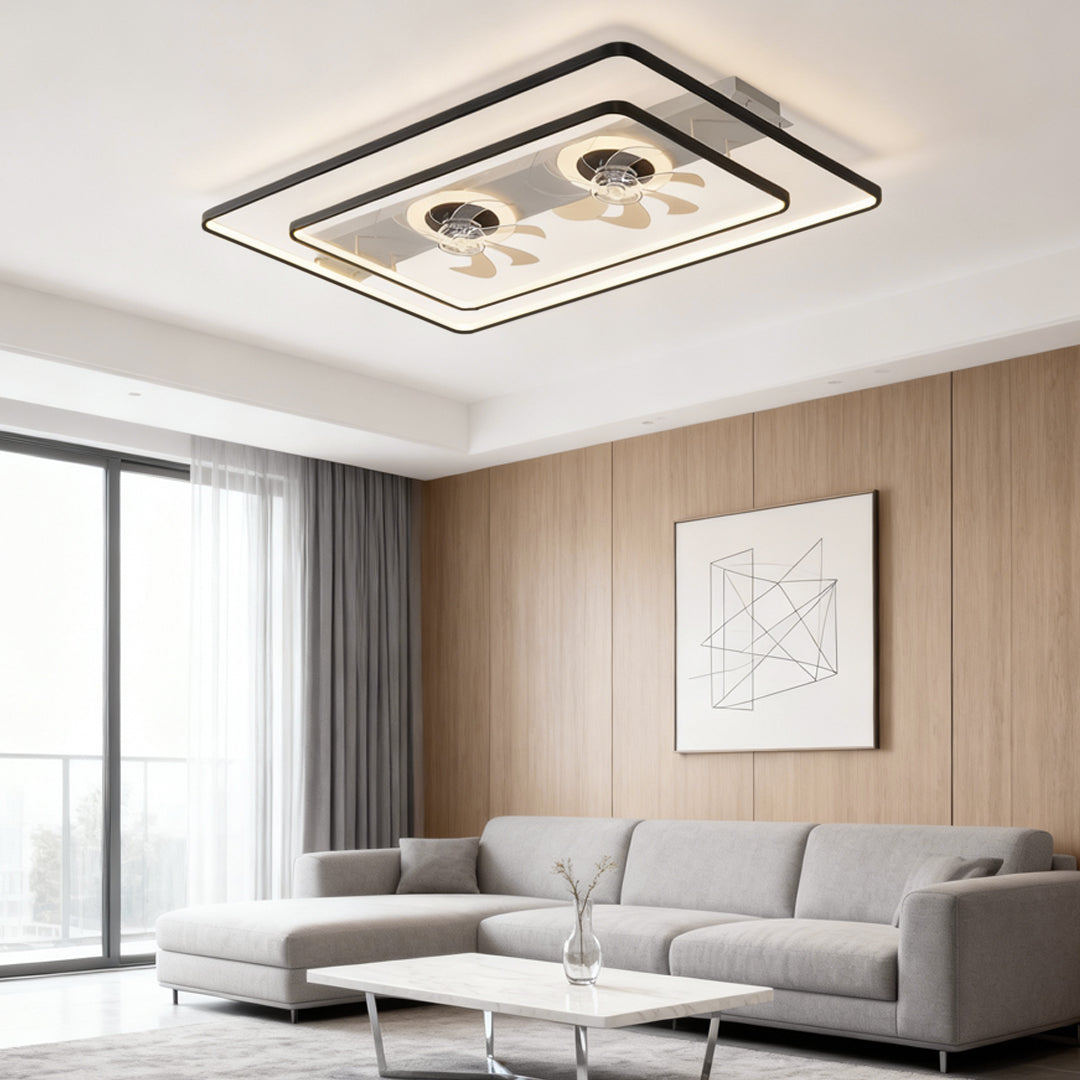 Dual head ceiling fan installed in a large open room