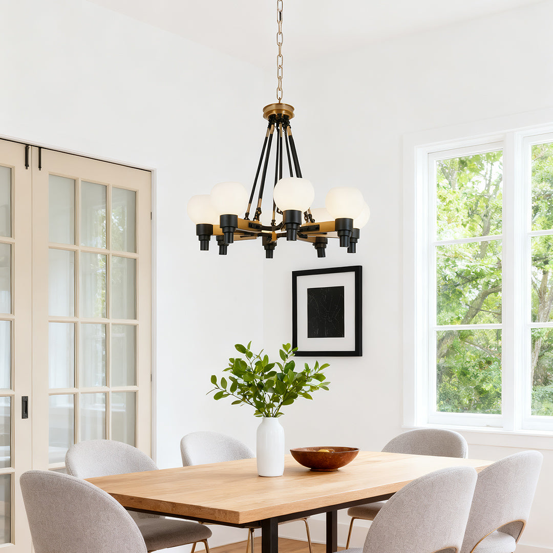 Eight-light chandelier giving ambient light in a traditional dining room