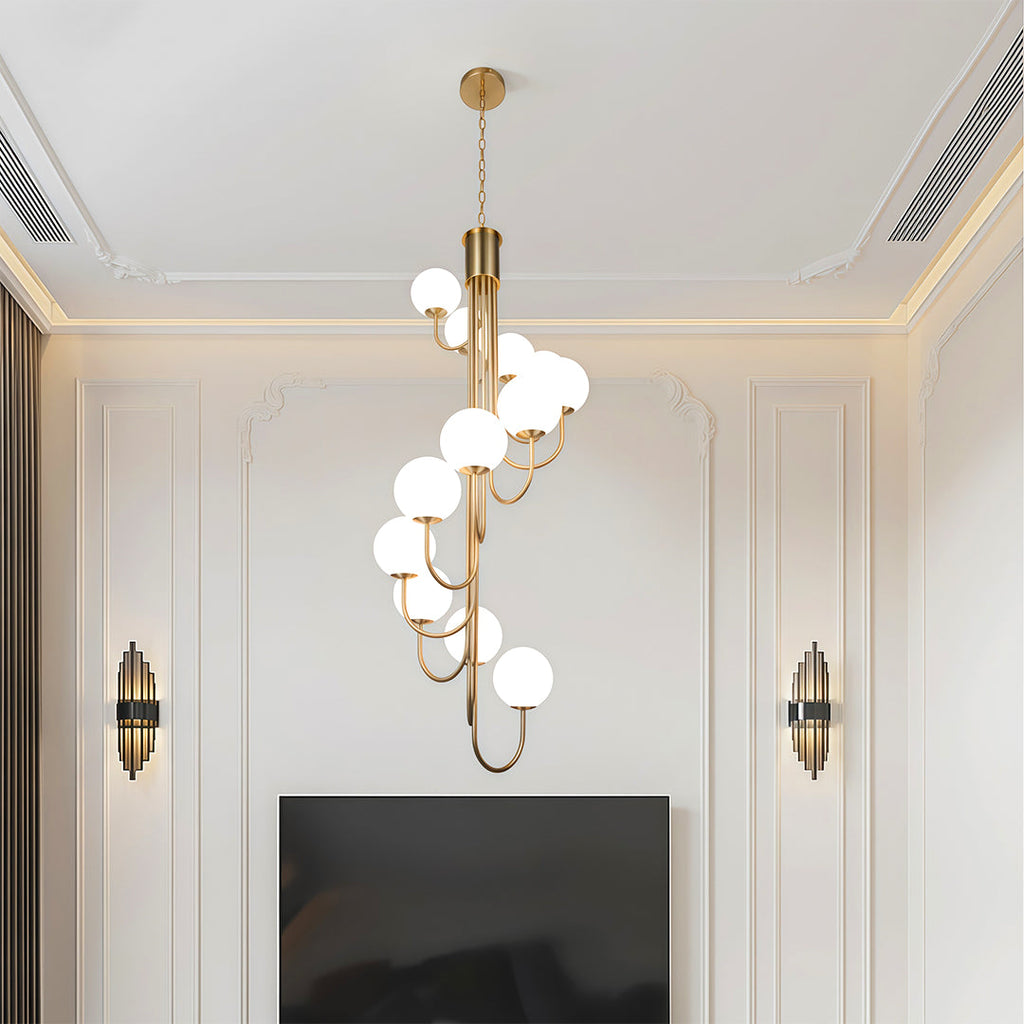 Elegant black spiral globe chandelier with clear glass globes