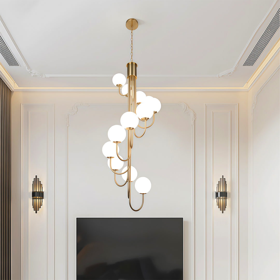 Elegant black spiral globe chandelier with clear glass globes
