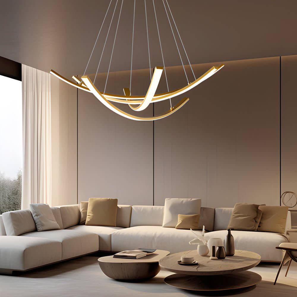 Pendant Light, Curved Copper Strip LED Ceiling Fixture for Living Room, 3-Step Dimming