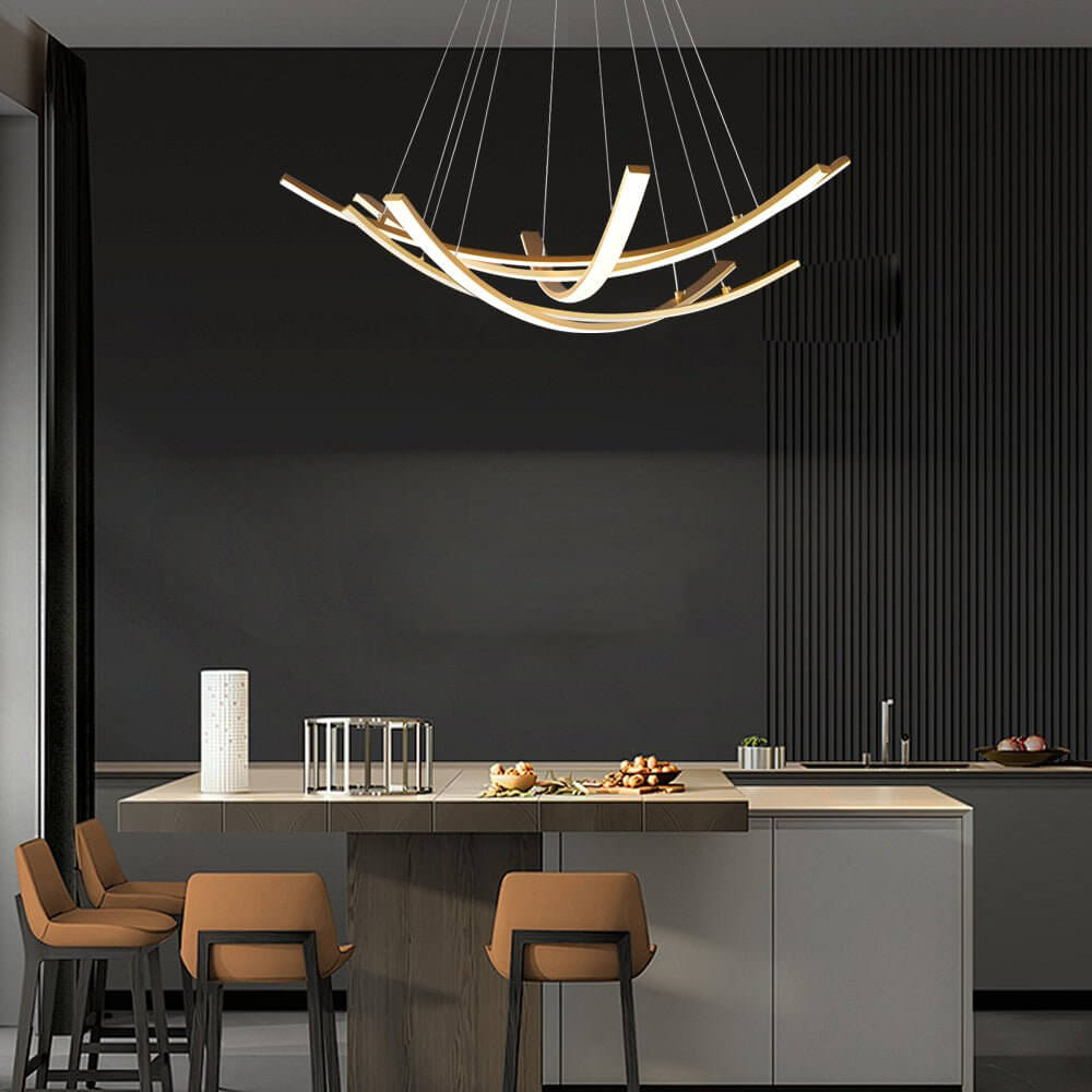 Pendant Light, Curved Copper Strip LED Ceiling Fixture for Living Room, 3-Step Dimming