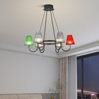 Suspended chandelier with colored glass in an elegant dining room