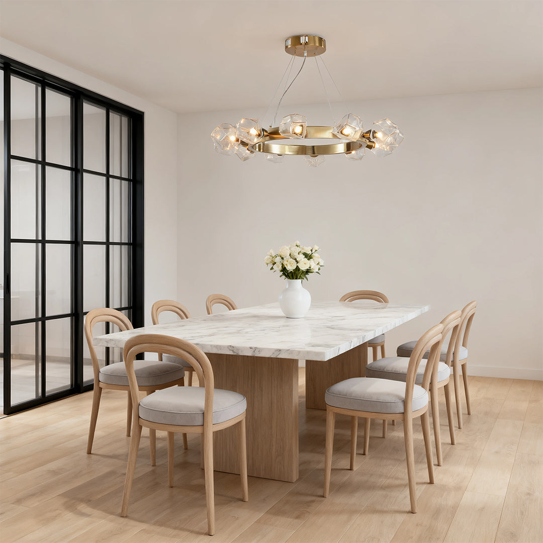 Round Chandelier, Gold Metal and Clear Glass Ring Ceiling Light for Entryway, Adjustable Cord