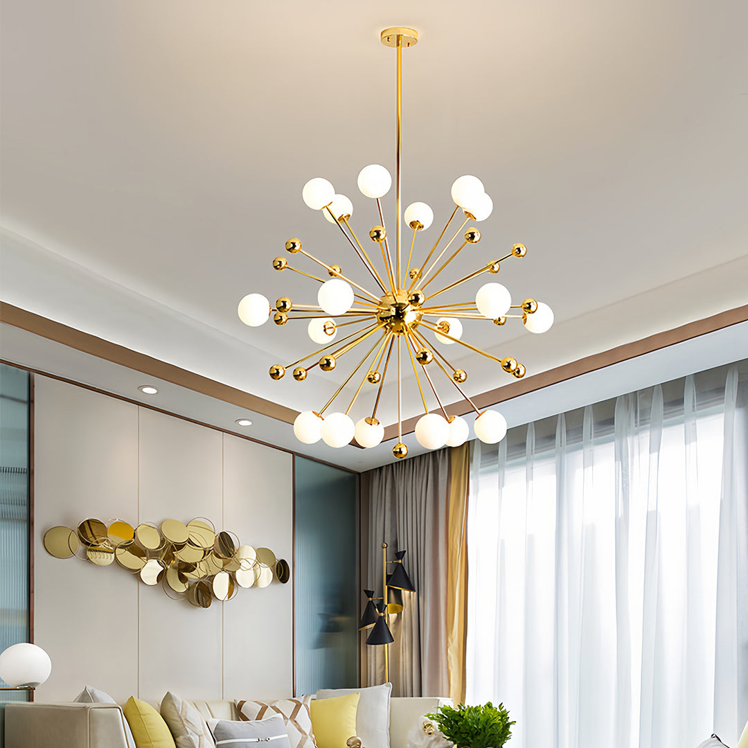 Gold sputnik chandelier hanging in a chic interior