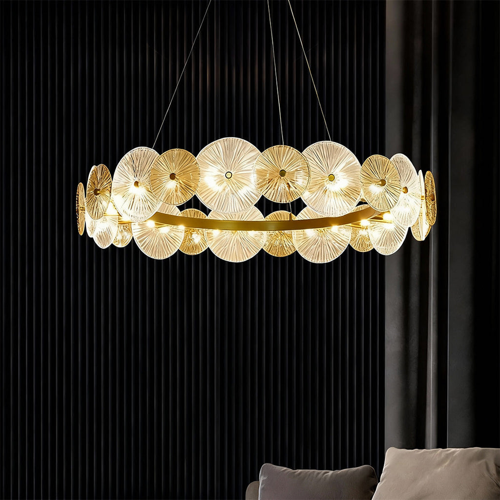 Large glass chandelier in an elegant dark toned room