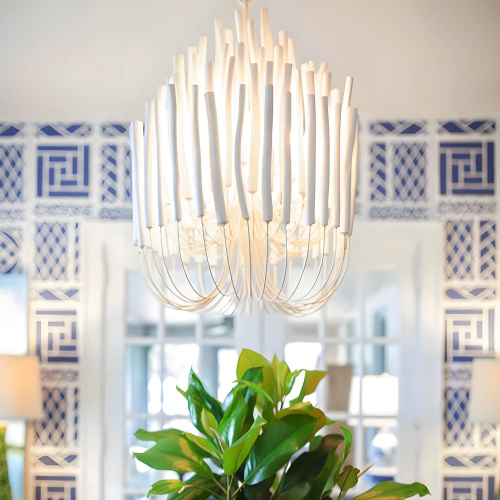 Candlestick Chandelier, White Wood and Iron Ceiling Light for Dining Room, Adjustable Chain
