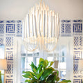 Candlestick Chandelier, White Wood and Iron Ceiling Light for Dining Room, Adjustable Chain