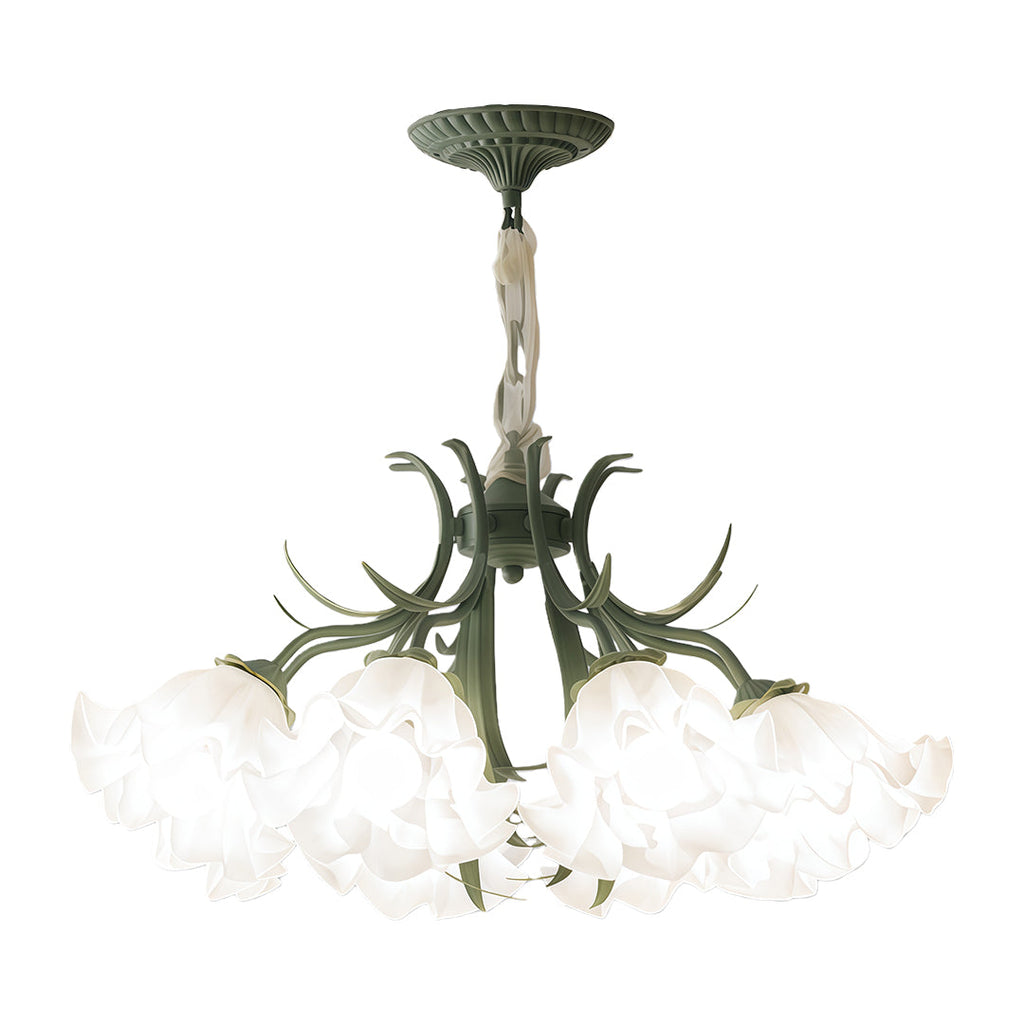 Elegant chandelier with white flowers on a green frame