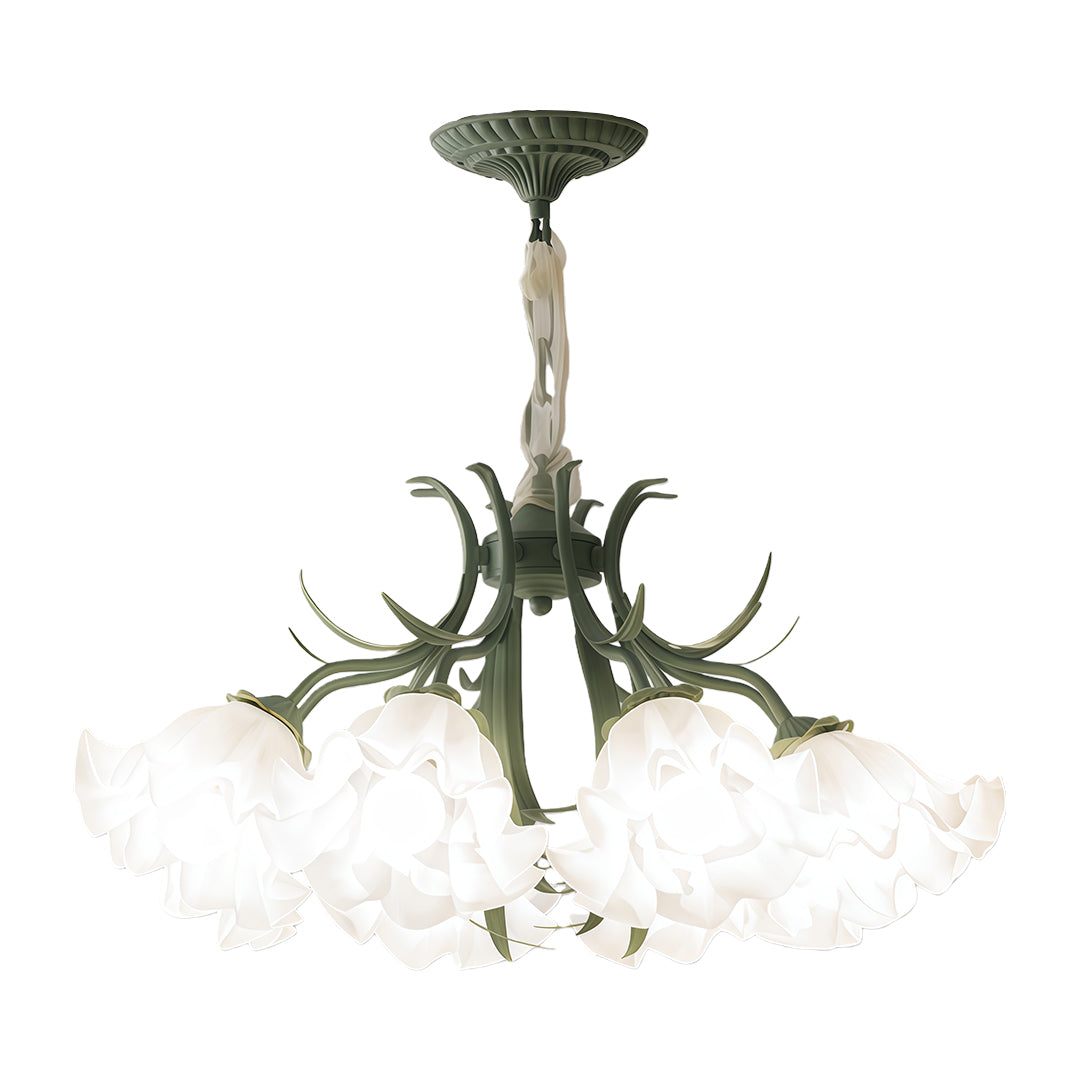 Elegant chandelier with white flowers on a green frame