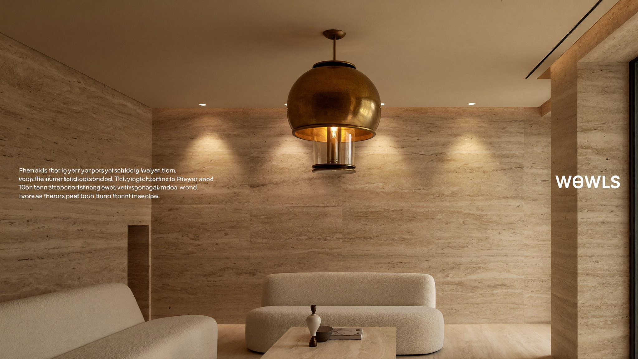 Sculptural brass pendant light in a warm travertine living room