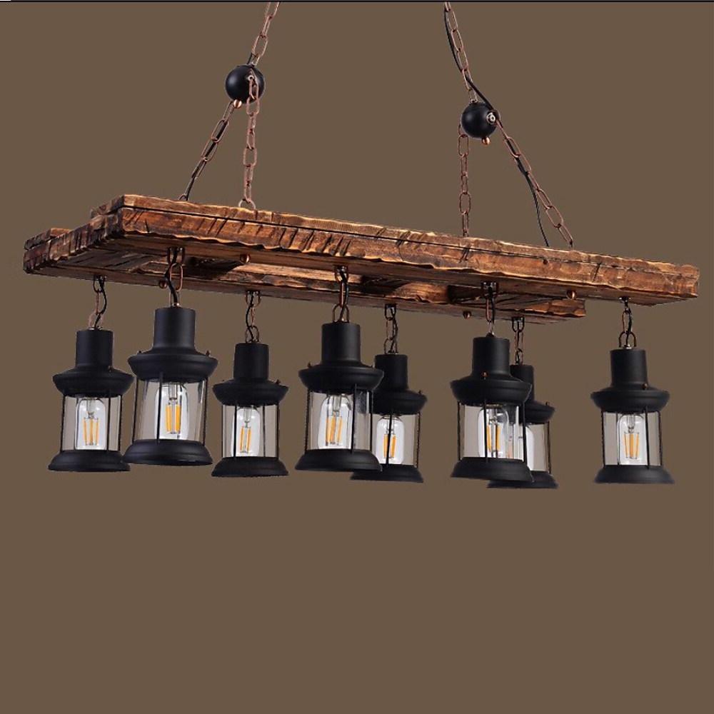 Linear Lantern Chandelier, Wood and Glass 8-Light Ceiling Light for Dining Room, 37 Inches Wide