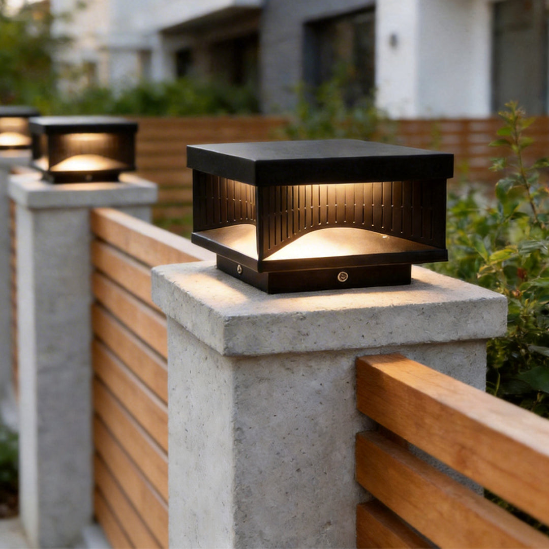 Square pillar light shown in a residential outdoor space