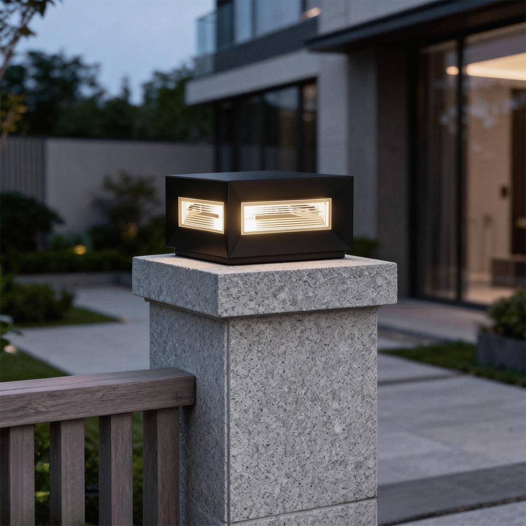Cube pillar light shown in a residential outdoor setting