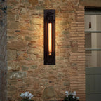 Industrial sconce with exposed bulb beside a wooden door