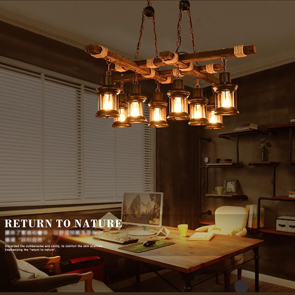 Farmhouse style wood chandelier hanging above a dining table
