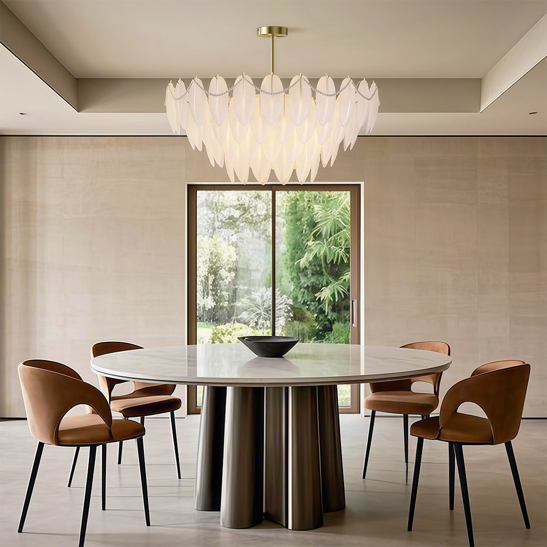 Pearl feather chandelier in a minimalist contemporary workspace