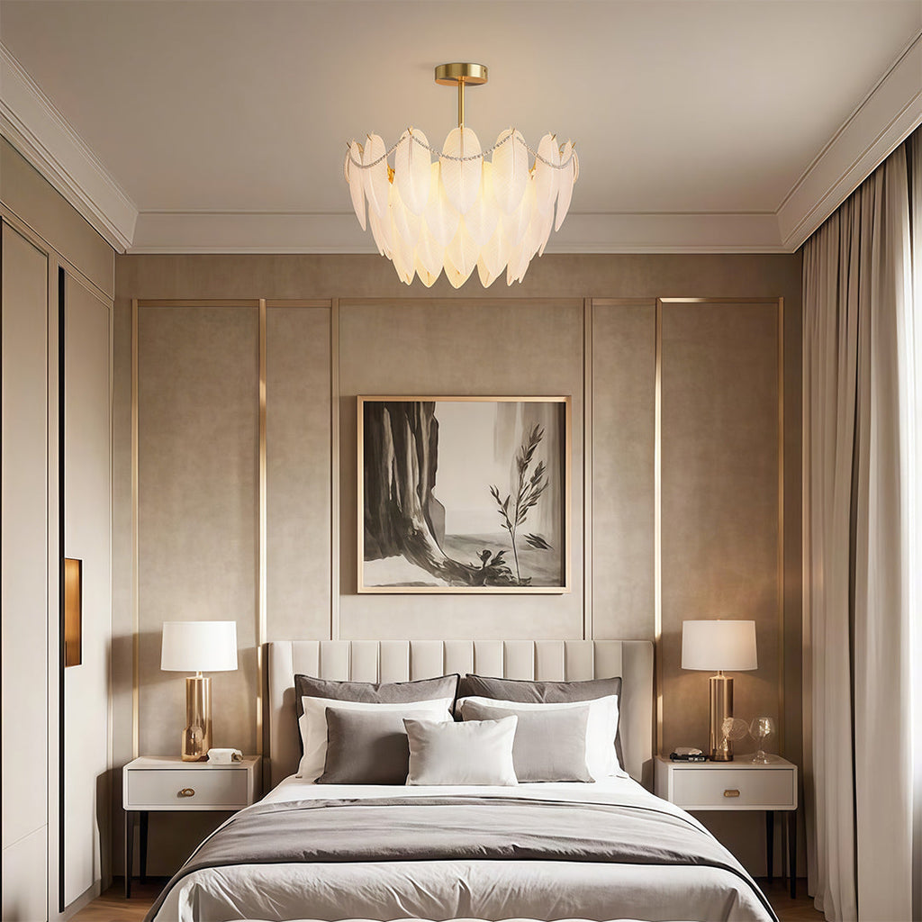 Pearl feather chandelier in a cozy living room with pillows