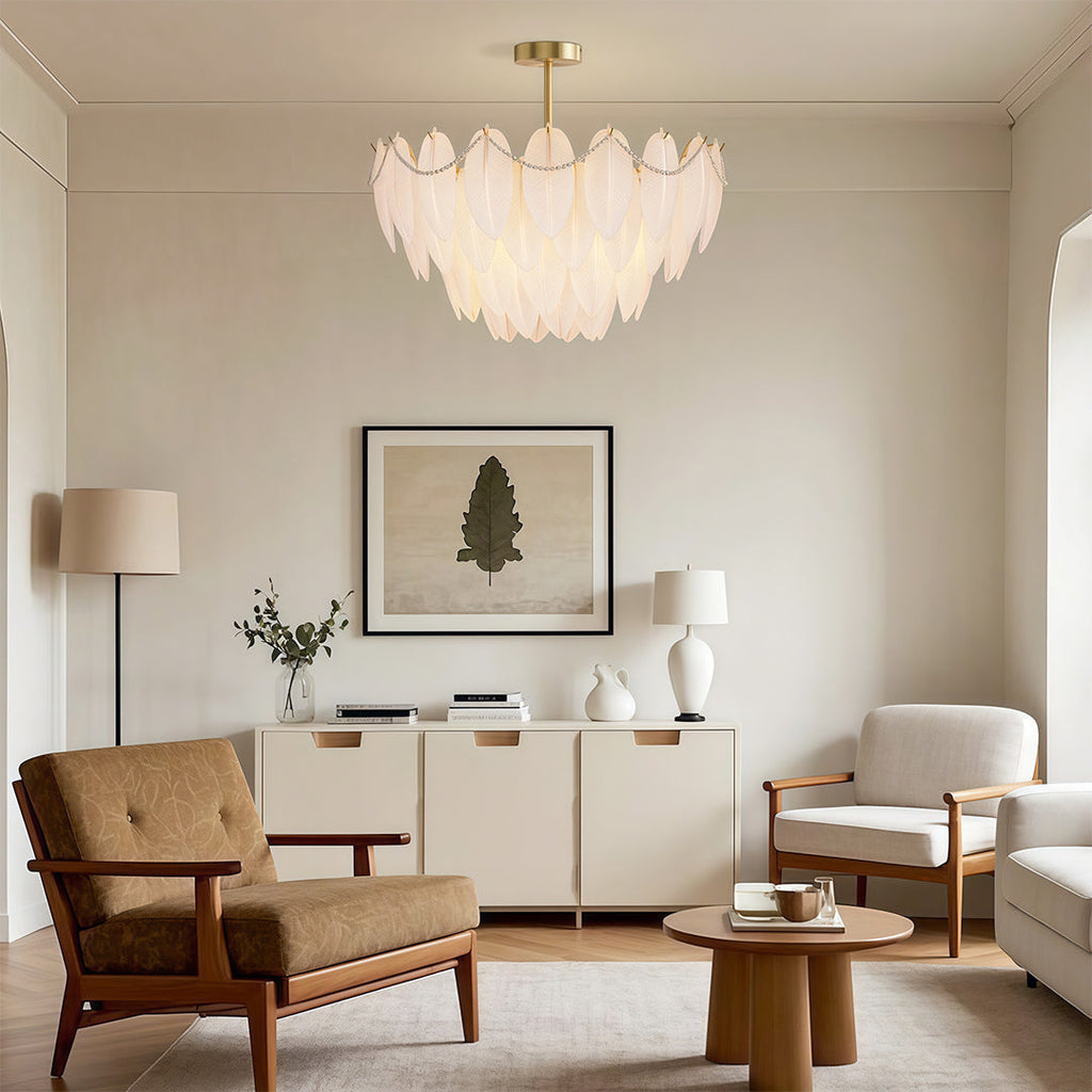 Pearl feather chandelier in a dining room with panoramic views