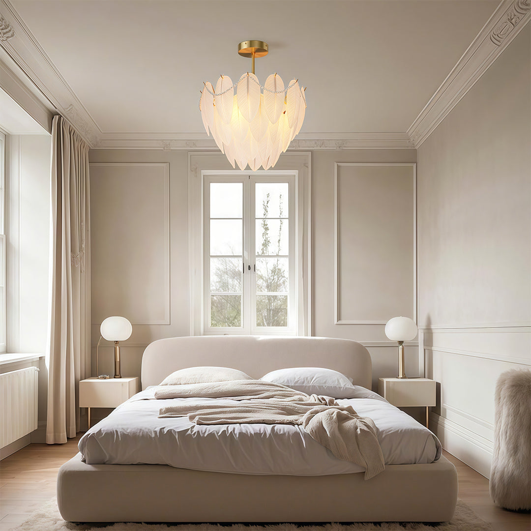 Pearl feather chandelier in a romantic master bedroom