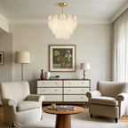 Pearl feather chandelier in a transitional living room