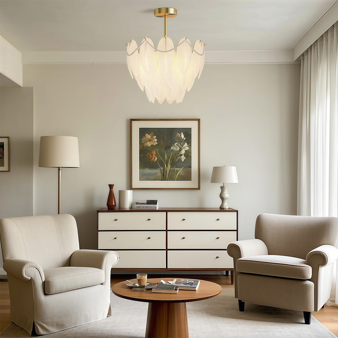 Pearl feather chandelier in a transitional living room