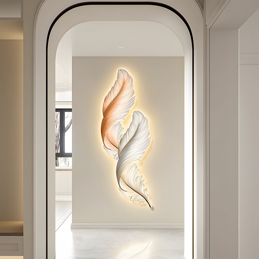Backlit Feather Wall Art Light, Dimensional Painted LED Wall Lamp for Bedroom and Living Room, Remote Controlled Warm Glow