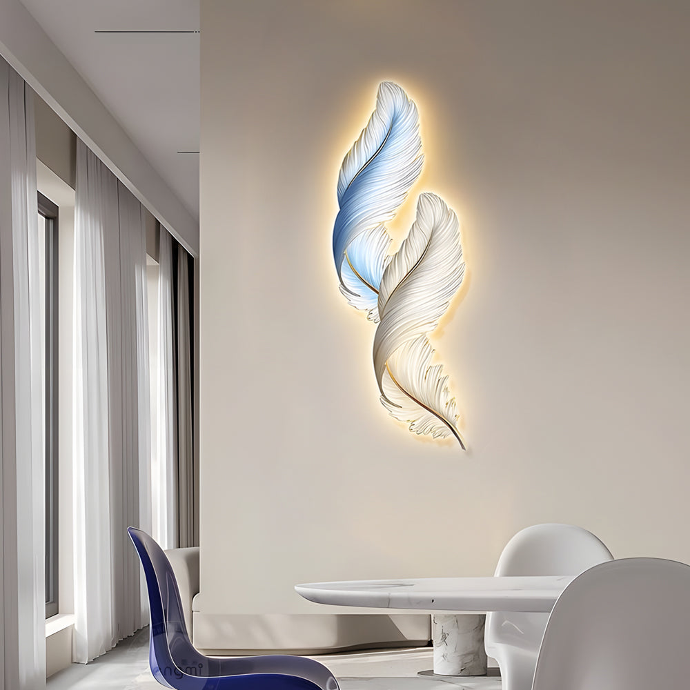 Backlit Feather Wall Art Light, Dimensional Painted LED Wall Lamp for Bedroom and Living Room, Remote Controlled Warm Glow