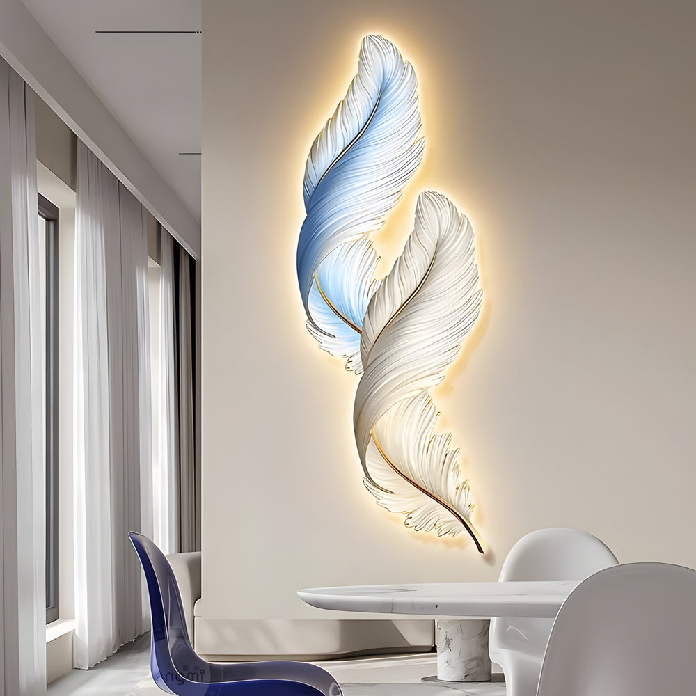Backlit Feather Wall Art Light, Dimensional Painted LED Wall Lamp for Bedroom and Living Room, Remote Controlled Warm Glow