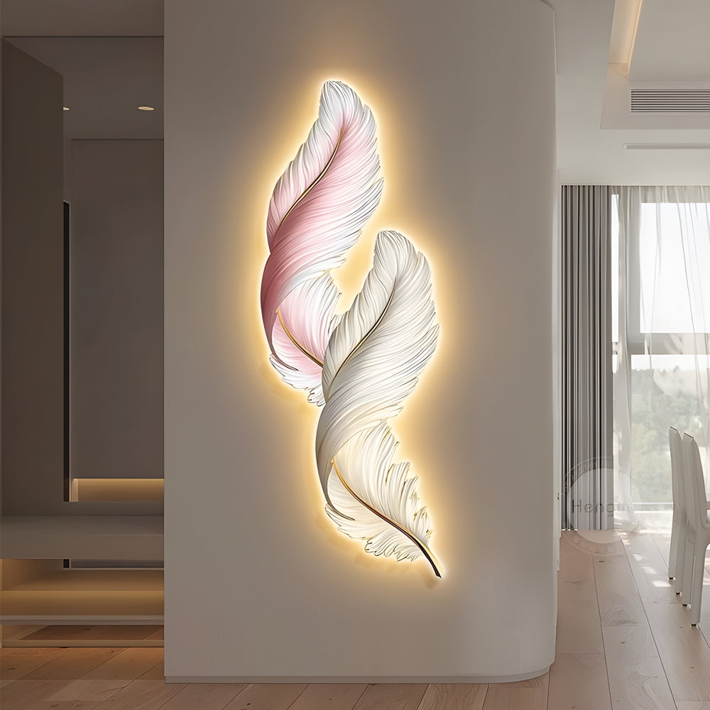 Backlit Feather Wall Art Light, Dimensional Painted LED Wall Lamp for Bedroom and Living Room, Remote Controlled Warm Glow