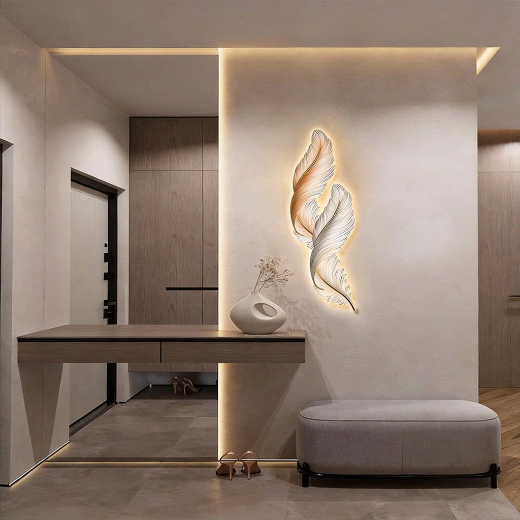 Backlit Feather Wall Art Light, Dimensional Painted LED Wall Lamp for Bedroom and Living Room, Remote Controlled Warm Glow