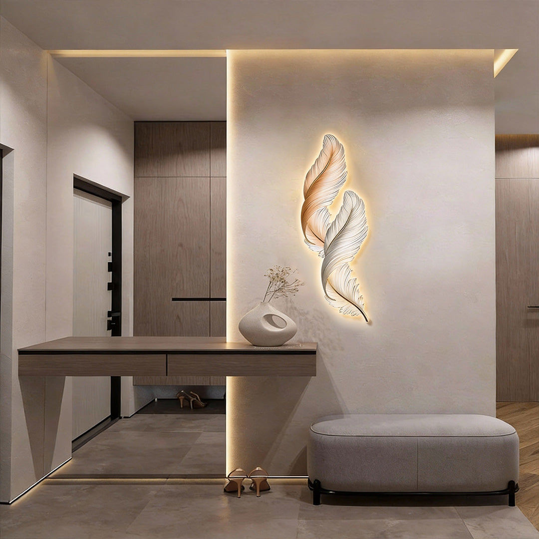 Backlit Feather Wall Art Light, Dimensional Painted LED Wall Lamp for Bedroom and Living Room, Remote Controlled Warm Glow
