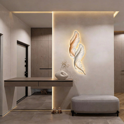 Backlit Feather Wall Art Light, Dimensional Painted LED Wall Lamp for Bedroom and Living Room, Remote Controlled Warm Glow