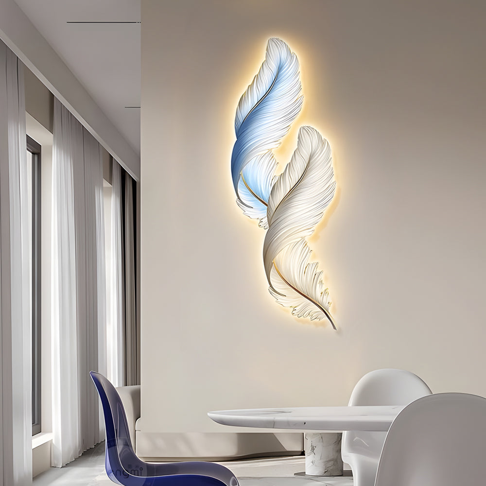Backlit Feather Wall Art Light, Dimensional Painted LED Wall Lamp for Bedroom and Living Room, Remote Controlled Warm Glow