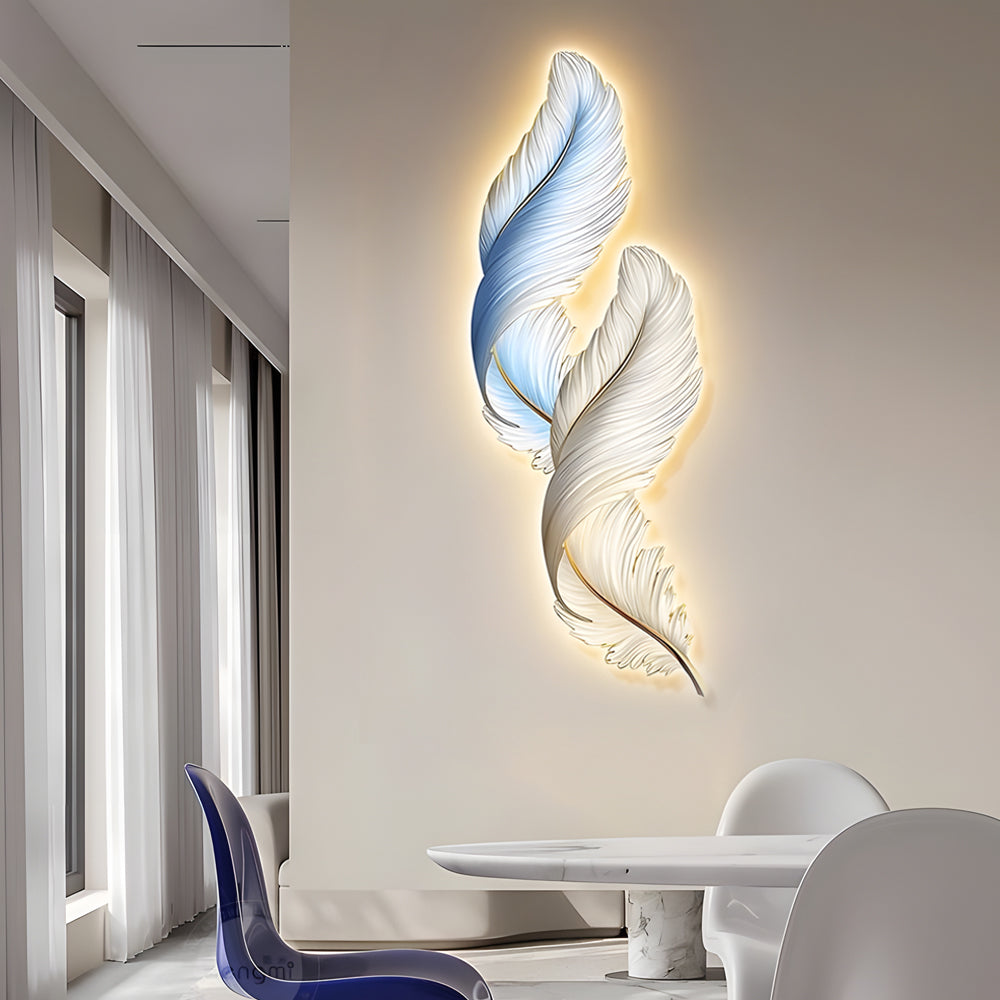 Backlit Feather Wall Art Light, Dimensional Painted LED Wall Lamp for Bedroom and Living Room, Remote Controlled Warm Glow