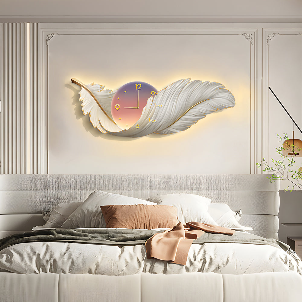 Feather Wall Lamp with Clock, Modern LED Backlit Art Panel for Living Rooms and Bedrooms, Embossed Texture in Three Colors