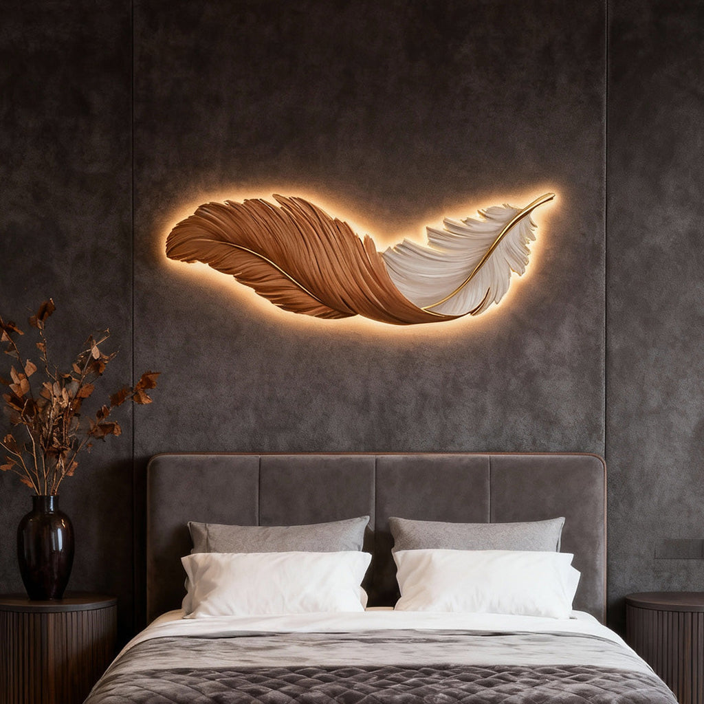 Backlit Feather Wall Art Lamp, LED Illuminated Wall Decor with Remote for Living Room and Bedroom, Modern Luxury Light Painting