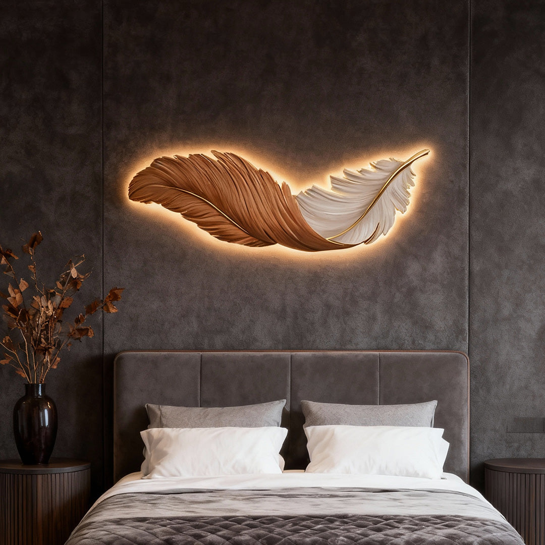 Backlit Feather Wall Art Lamp, LED Illuminated Wall Decor with Remote for Living Room and Bedroom, Modern Luxury Light Painting