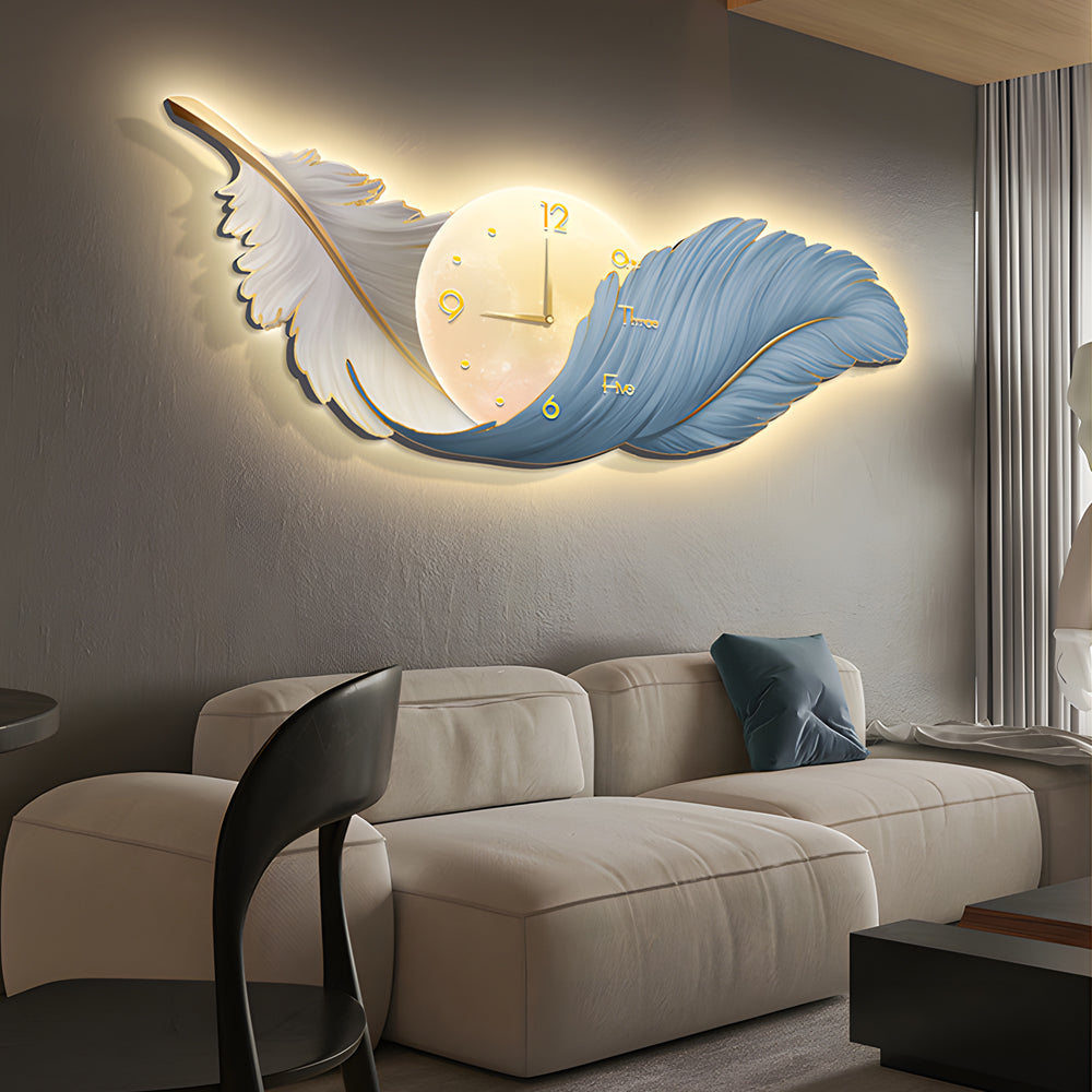 Feather wall lamp with clock in a contemporary lounge