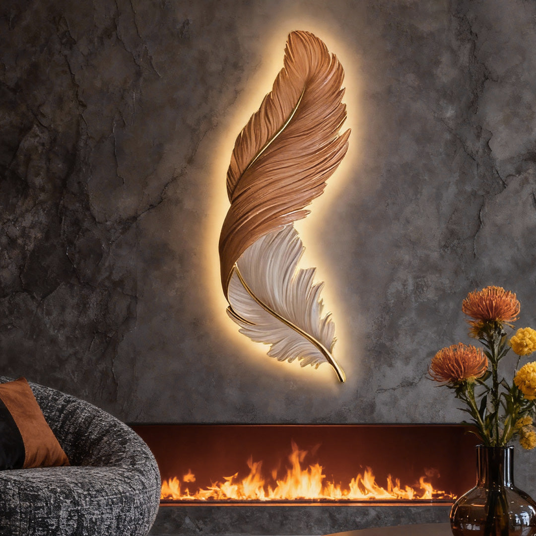 Backlit Feather Wall Art Lamp, LED Illuminated Wall Decor with Remote for Living Room and Bedroom, Modern Luxury Light Painting