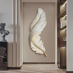 Backlit feather wall lamp installed along a hallway wall