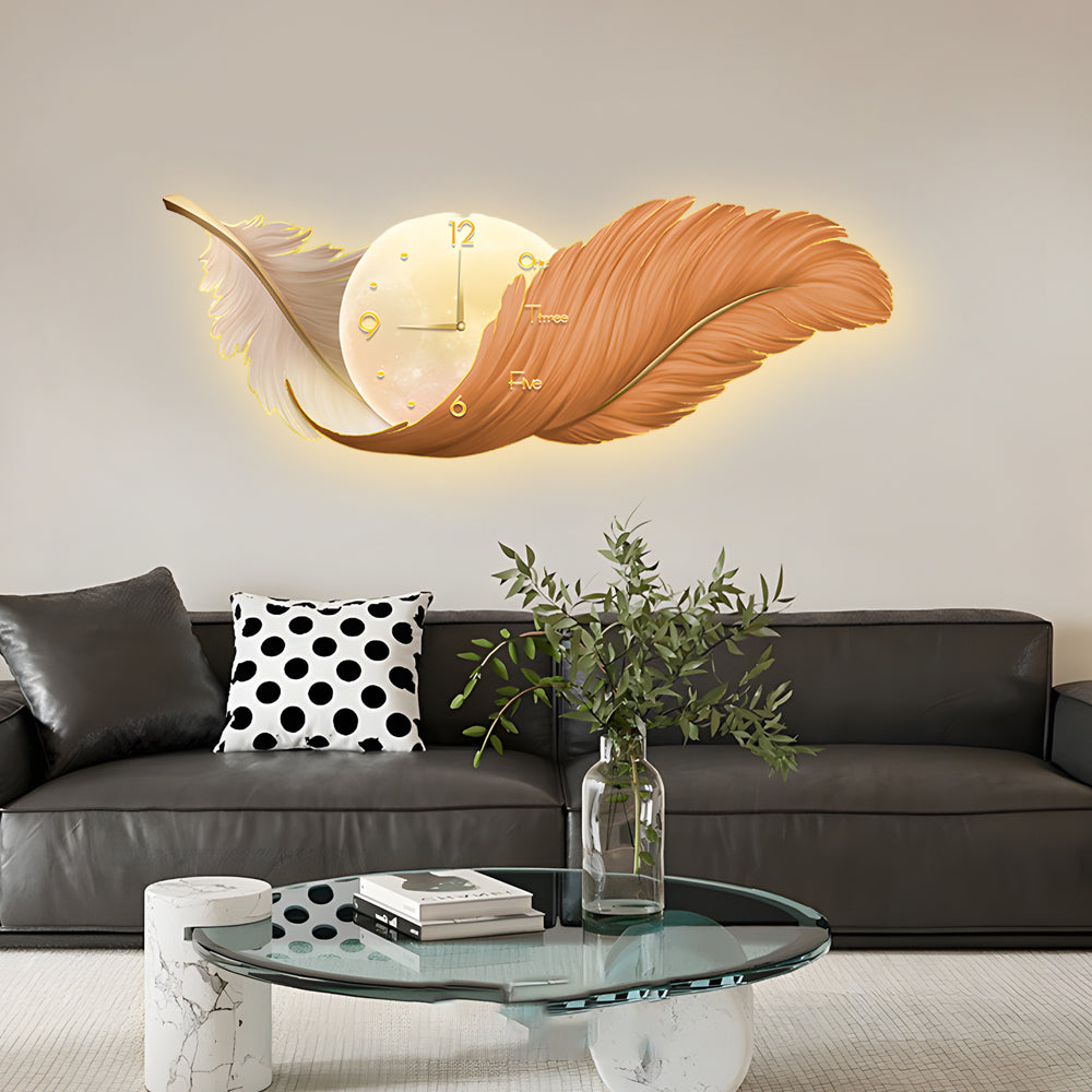 Feather Wall Lamp with Clock, Modern LED Backlit Art Panel for Living Rooms and Bedrooms, Embossed Texture in Three Colors