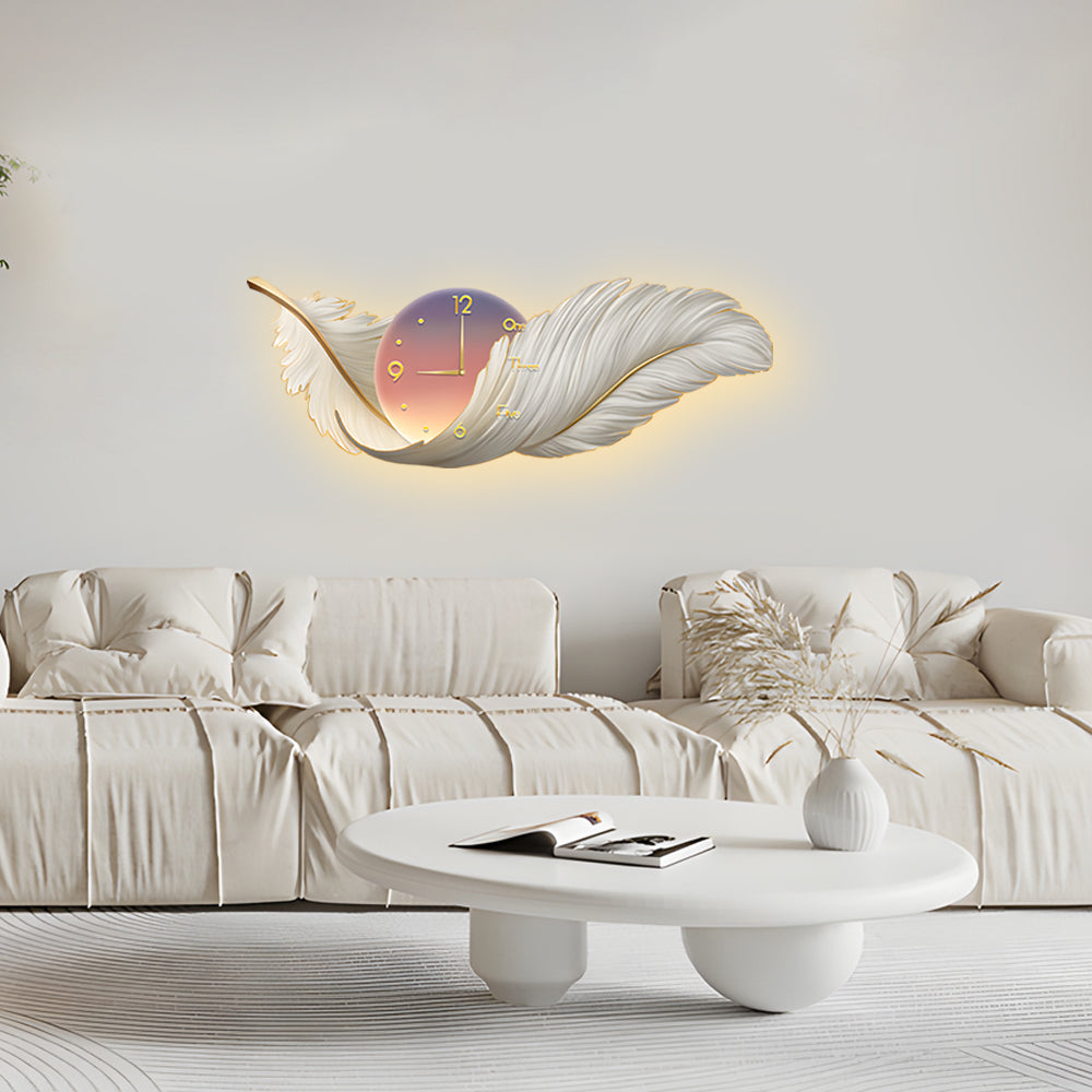 Feather Wall Lamp with Clock, Modern LED Backlit Art Panel for Living Rooms and Bedrooms, Embossed Texture in Three Colors