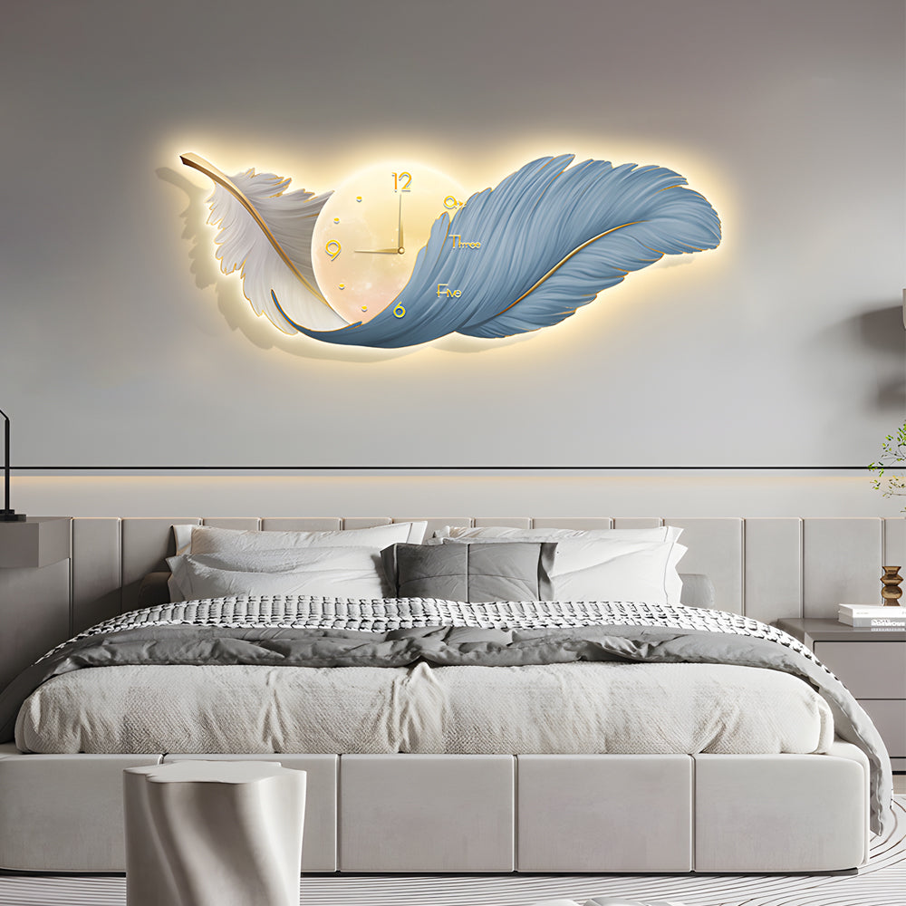 Feather Wall Lamp with Clock, Modern LED Backlit Art Panel for Living Rooms and Bedrooms, Embossed Texture in Three Colors