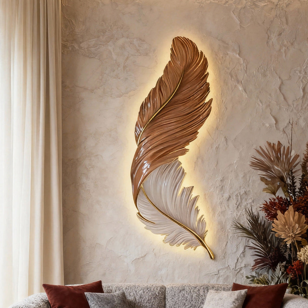 Backlit Feather Wall Art Lamp, LED Illuminated Wall Decor with Remote for Living Room and Bedroom, Modern Luxury Light Painting
