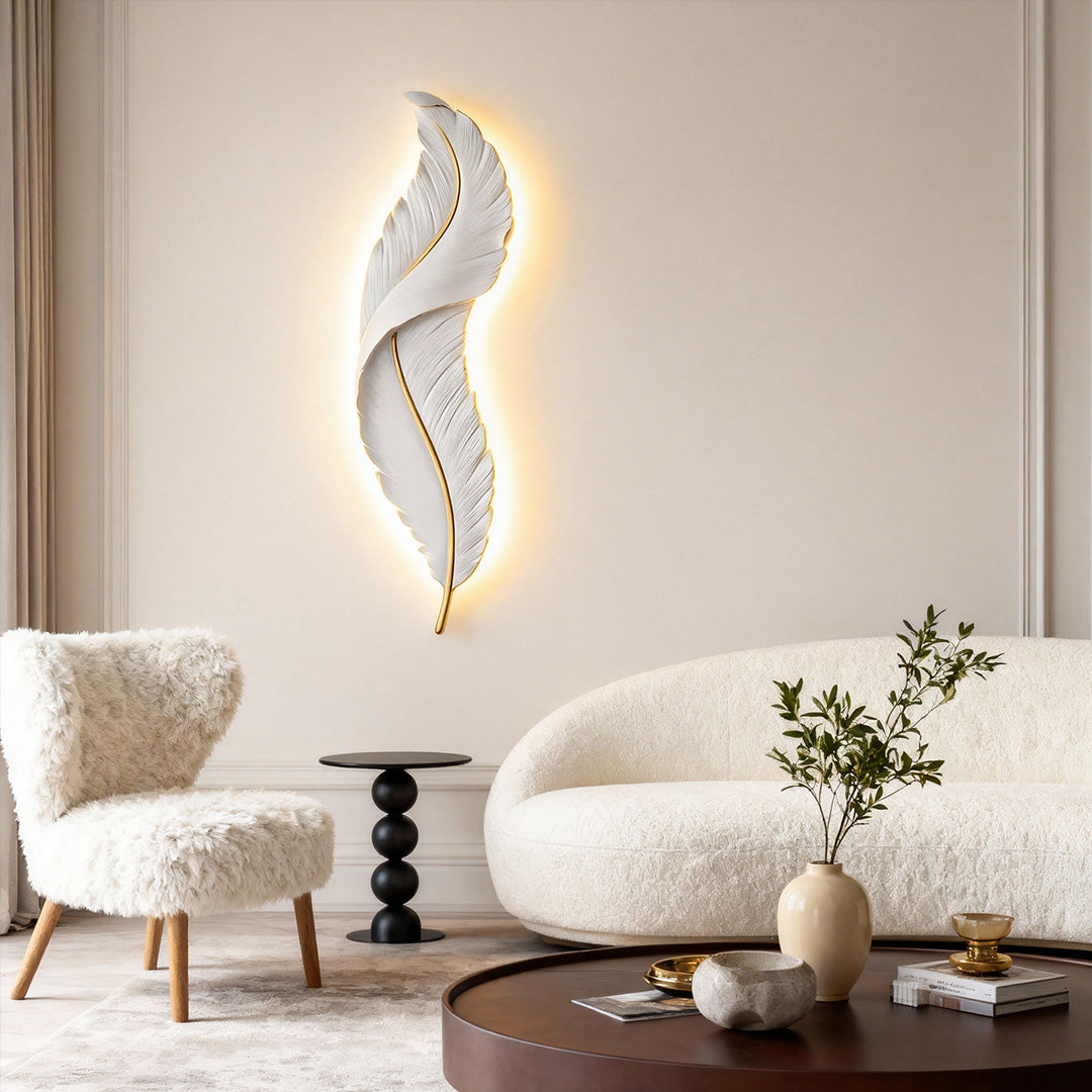 Feather Wall Light, Sculptural White Resin LED Sconce for Hallways, Bedside and Corridor Walls, Three Soft Colors and Two Sizes