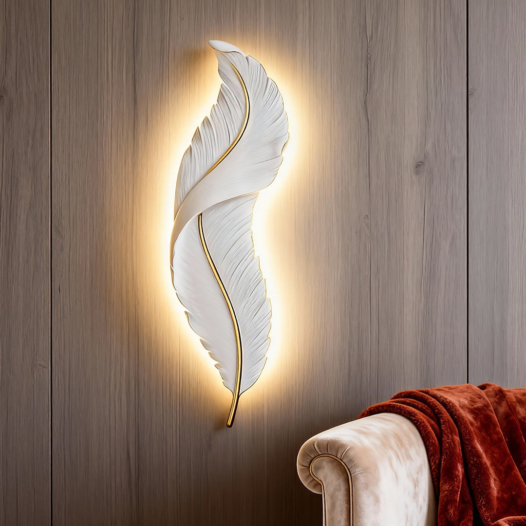 Feather Wall Light, Sculptural White Resin LED Sconce for Hallways, Bedside and Corridor Walls, Three Soft Colors and Two Sizes