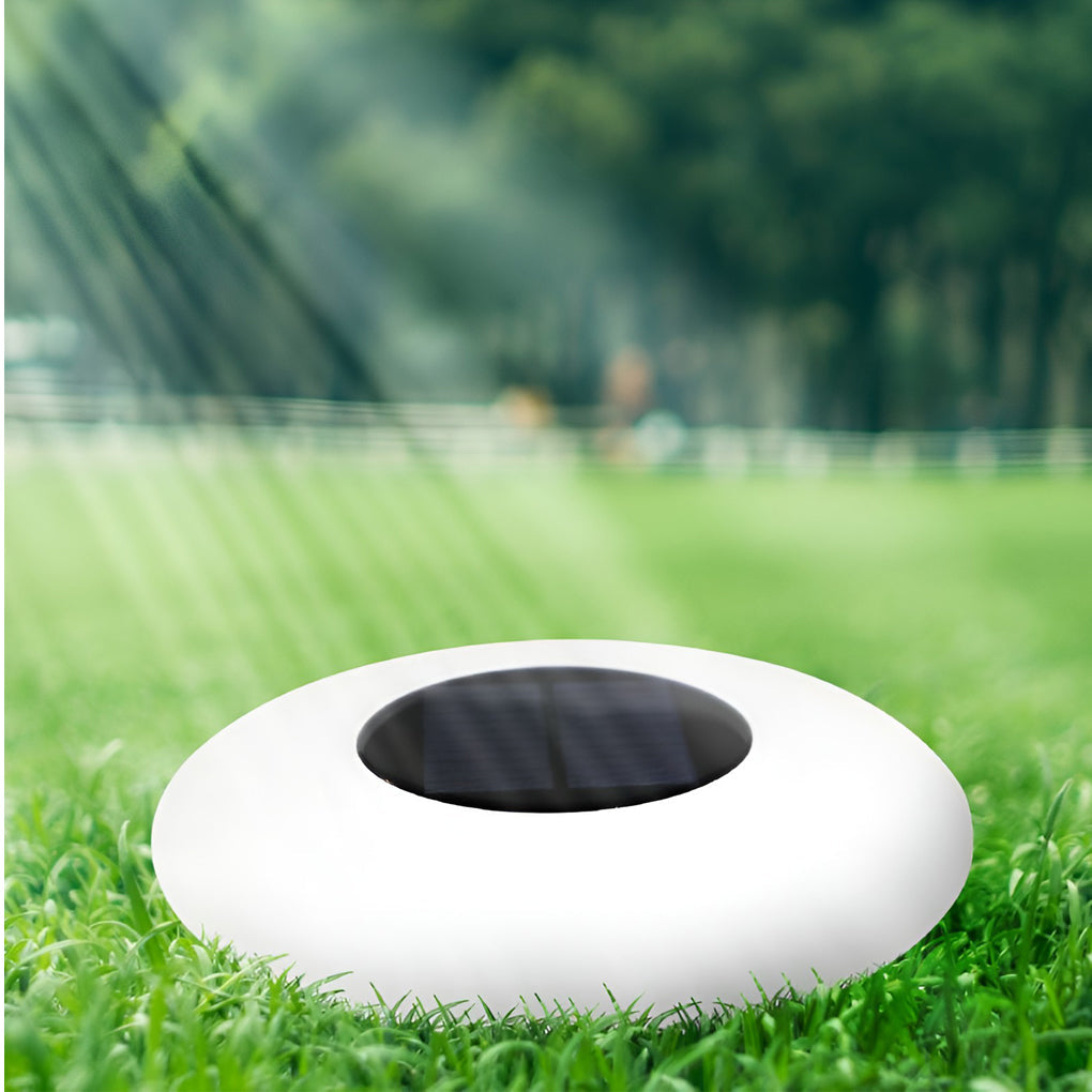 Floating pond light resting on a garden lawn in daylight